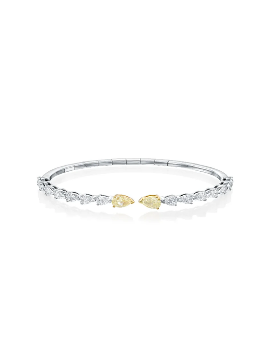 2.98CT PEAR CUT NATURAL FANCY YELLOW PEAR & WHITE DIAMONDS OPEN FLEX BRACELET | 7G 18K WHITE GOLD