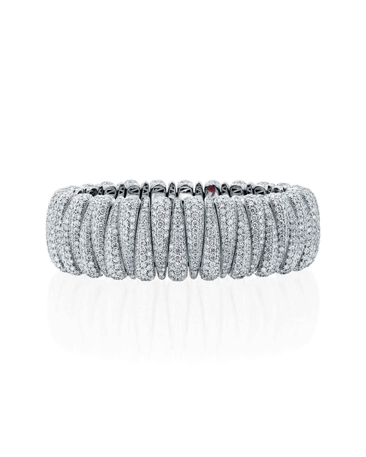 22.50CT FULL PAVÉ ROUND BRILLIANT CUT NATURAL DIAMONDS ARTIGLIO CLAW FLEX BRACELET | 74.5G 18K WHITE GOLD