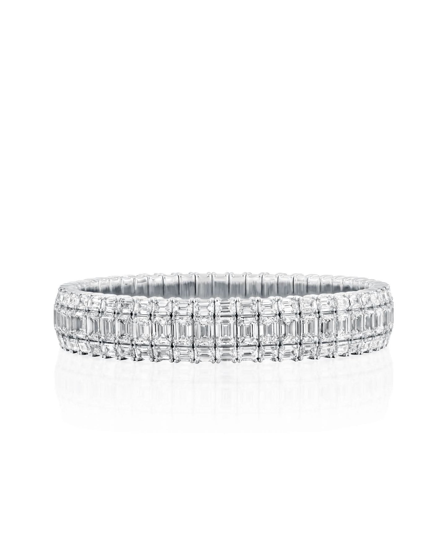26.84CT EMERALD CUT DIAMONDS WIDE STRETCH BRACELET | 37.7G 18K WHITE GOLD