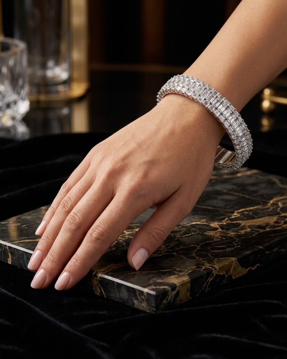 26.84CT EMERALD CUT DIAMONDS WIDE STRETCH BRACELET | 37.7G 18K WHITE GOLD