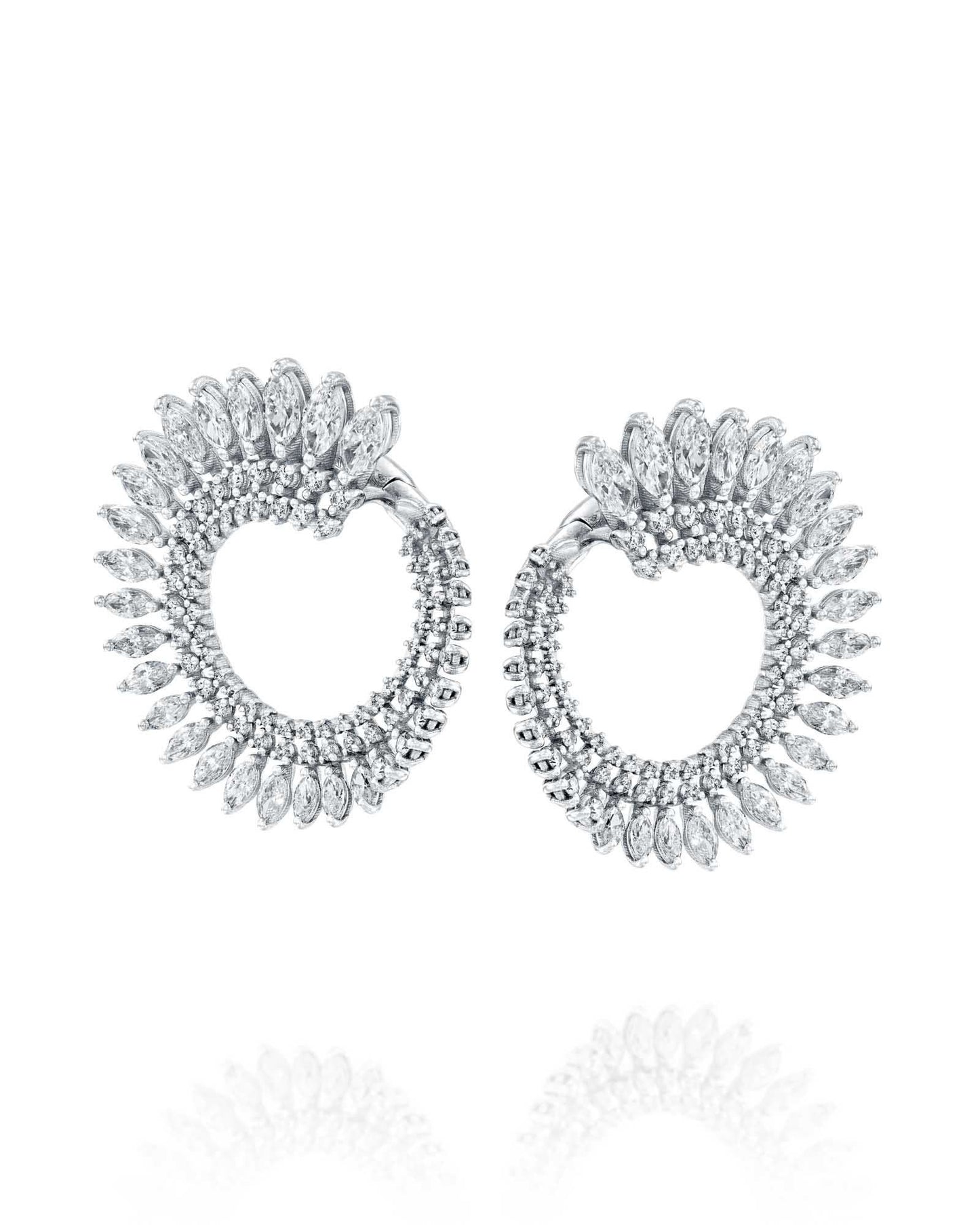 4.06CT NATURAL PEAR & ROUND BRILLIANT DIAMONDS OPEN HOOP EARRINGS | 10.10G 18K WHITE GOLD