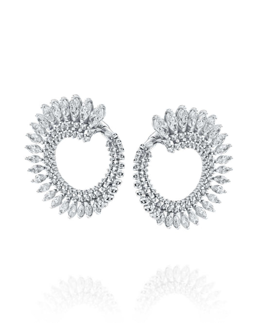 4.06CT NATURAL PEAR & ROUND BRILLIANT DIAMONDS OPEN HOOP EARRINGS | 10.10G 18K WHITE GOLD