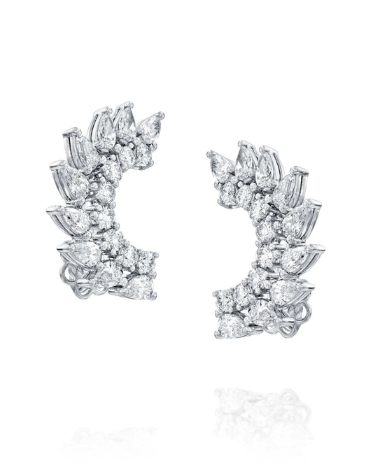 4.27CT NATURAL PEAR & ROUND BRILLIANT DIAMONDS FAN CLIMBER EARRINGS | 9.20G 18K WHITE GOLD
