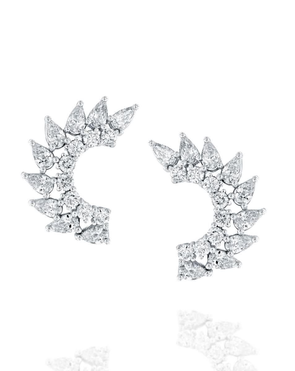 4.27CT NATURAL PEAR & ROUND BRILLIANT DIAMONDS FAN CLIMBER EARRINGS | 9.20G 18K WHITE GOLD