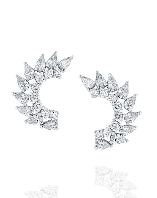 4.27CT NATURAL PEAR & ROUND BRILLIANT DIAMONDS FAN CLIMBER EARRINGS | 9.20G 18K WHITE GOLD