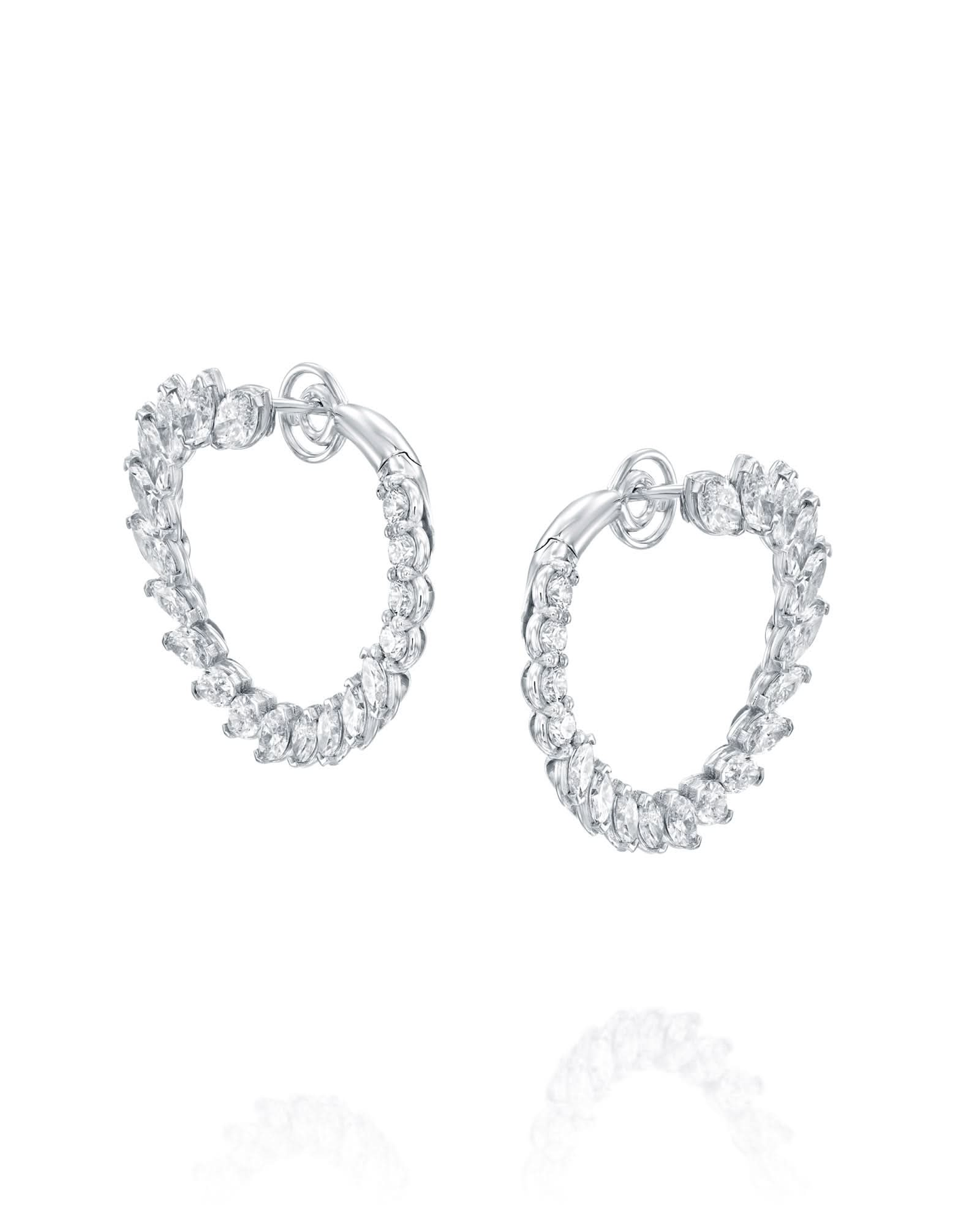 5.19CT NATURAL PEAR & ROUND BRILLIANT DIAMONDS OPEN HOOP EARRINGS | 8.30G 18K WHITE GOLD