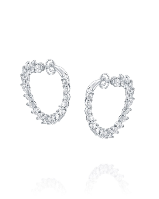 5.19CT NATURAL PEAR & ROUND BRILLIANT DIAMONDS OPEN HOOP EARRINGS | 8.30G 18K WHITE GOLD