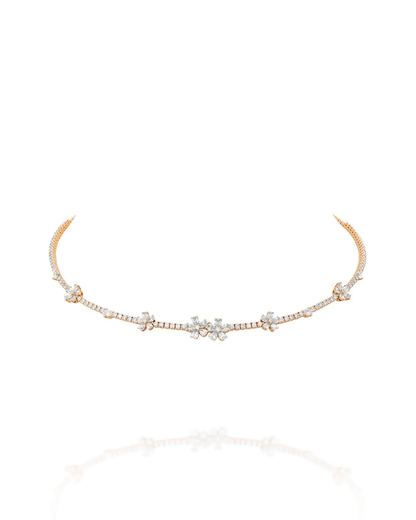 6.29CT NATURAL PEAR & ROUND BRILLIANT DIAMONDS FLORAL TENNIS NECKLACE | 20.20G 18K ROSE GOLD