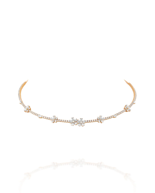 6.29CT NATURAL PEAR & ROUND BRILLIANT DIAMONDS FLORAL TENNIS NECKLACE | 20.20G 18K ROSE GOLD