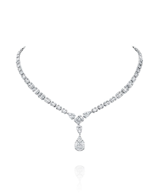 8.34CT NATURAL MULTI-CUT DIAMOND DROP NECKLACE | 29.60G 18K WHITE GOLD