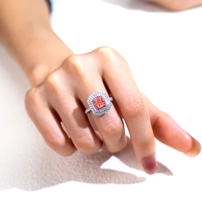 LUXURY RADIANT CUT PINK LAB DIAMOND HALO RING | 18K WHITE GOLD