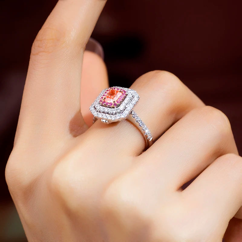 LUXURY RADIANT CUT PINK LAB DIAMOND HALO RING | 18K WHITE GOLD