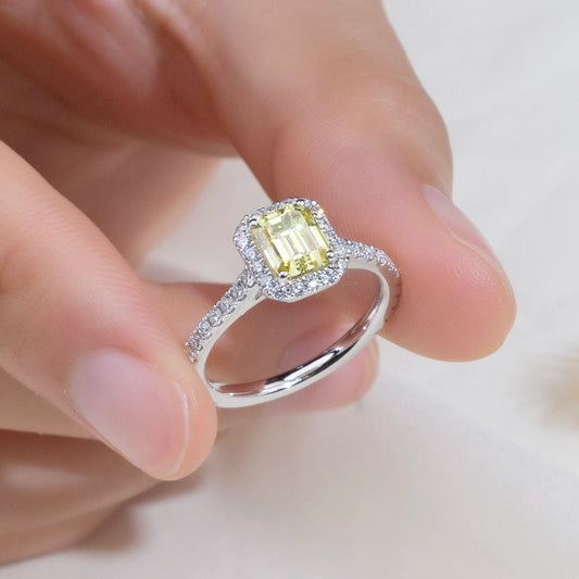 EMERALD CUT YELLOW LAB-GROWN DIAMONDS HALO RING | 2CT - 10CT 18K WHITE GOLD