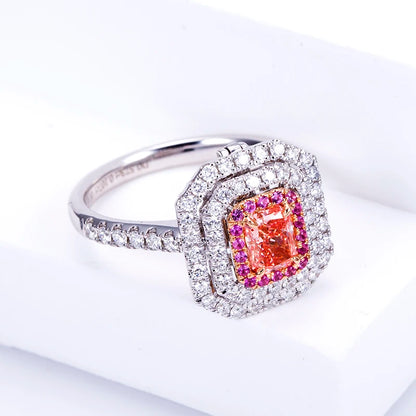 LUXURY RADIANT CUT PINK LAB DIAMOND HALO RING | 18K WHITE GOLD