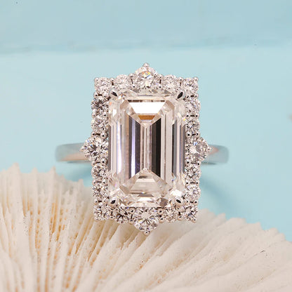 7CT EMERALD CUT F-COLOR LAB DIAMOND ENGAGEMENT RING | 14K GOLD