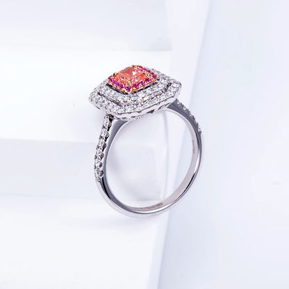 LUXURY RADIANT CUT PINK LAB DIAMOND HALO RING | 18K WHITE GOLD