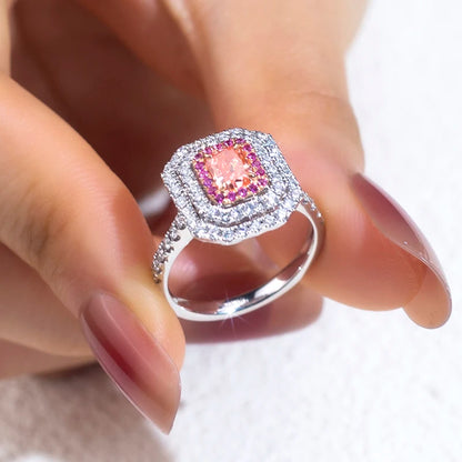 LUXURY RADIANT CUT PINK LAB DIAMOND HALO RING | 18K WHITE GOLD