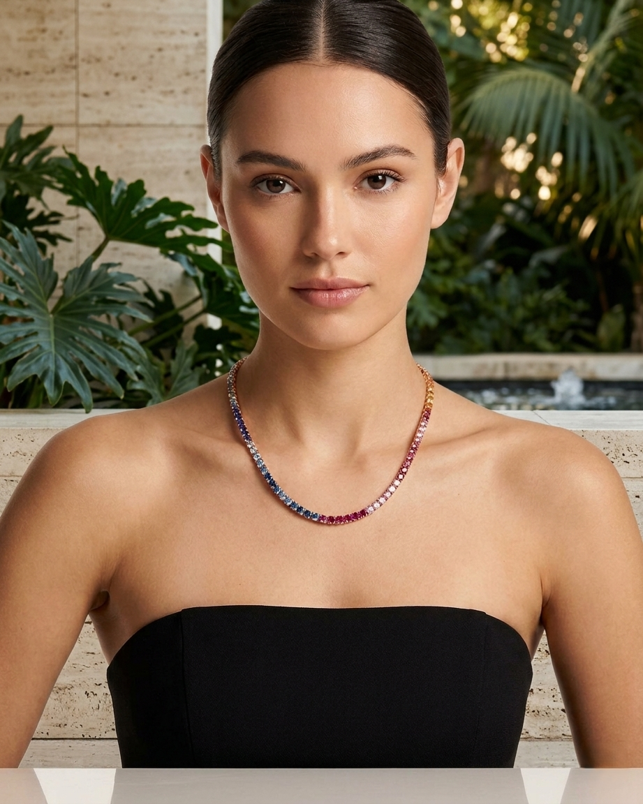 15.41CT - 27.50CT | SPECTRUM RAINBOW SAPPHIRE TENNIS NECKLACE | 18K ROSE GOLD