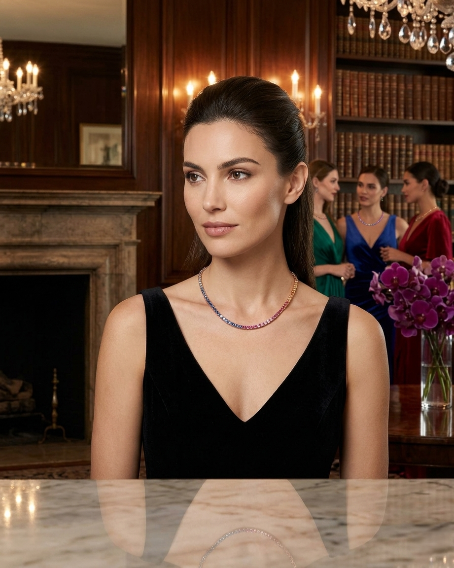 15.41CT - 27.50CT | SPECTRUM RAINBOW SAPPHIRE TENNIS NECKLACE | 18K ROSE GOLD
