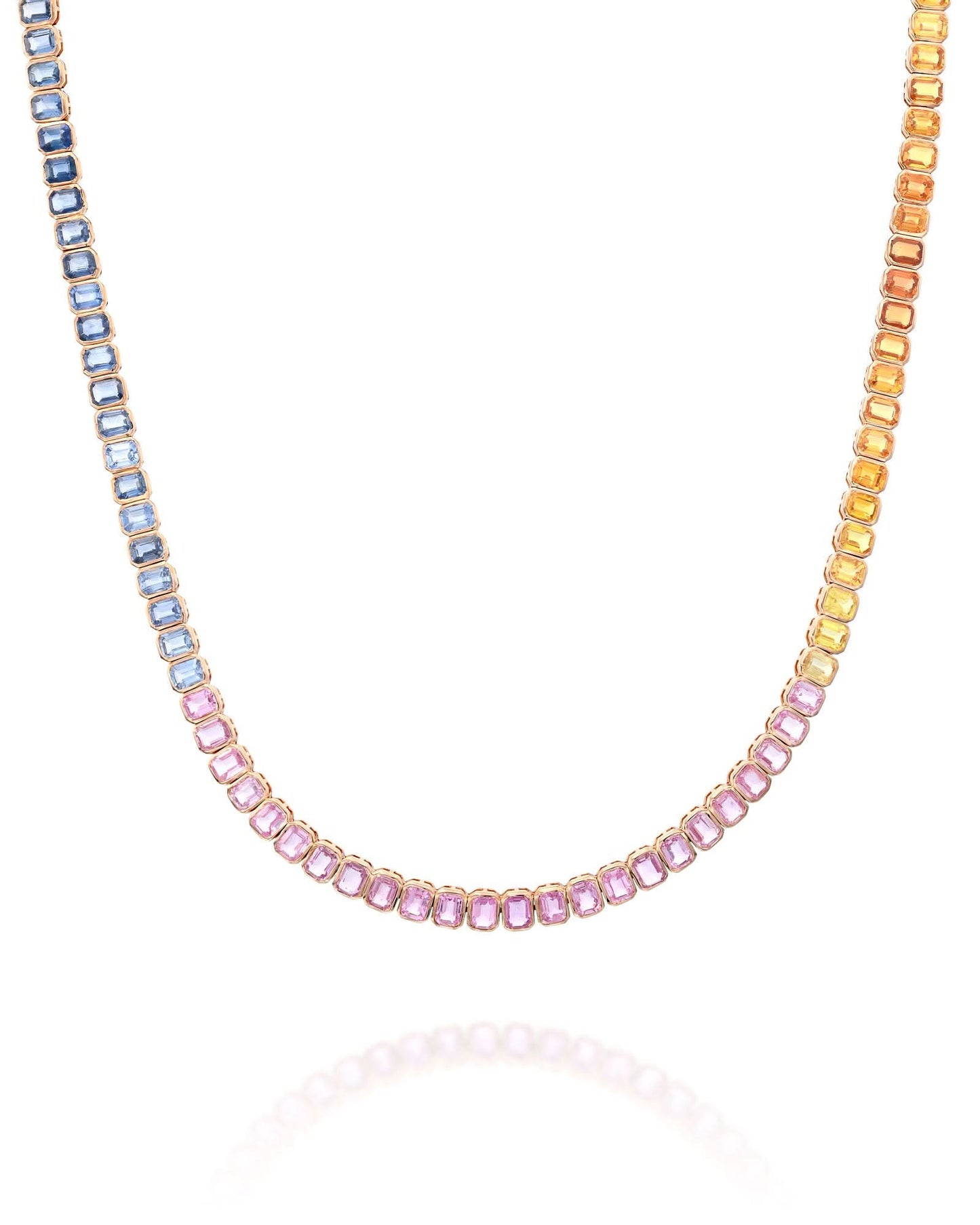 15.41CT - 27.50CT | SPECTRUM RAINBOW SAPPHIRE TENNIS NECKLACE | 18K ROSE GOLD