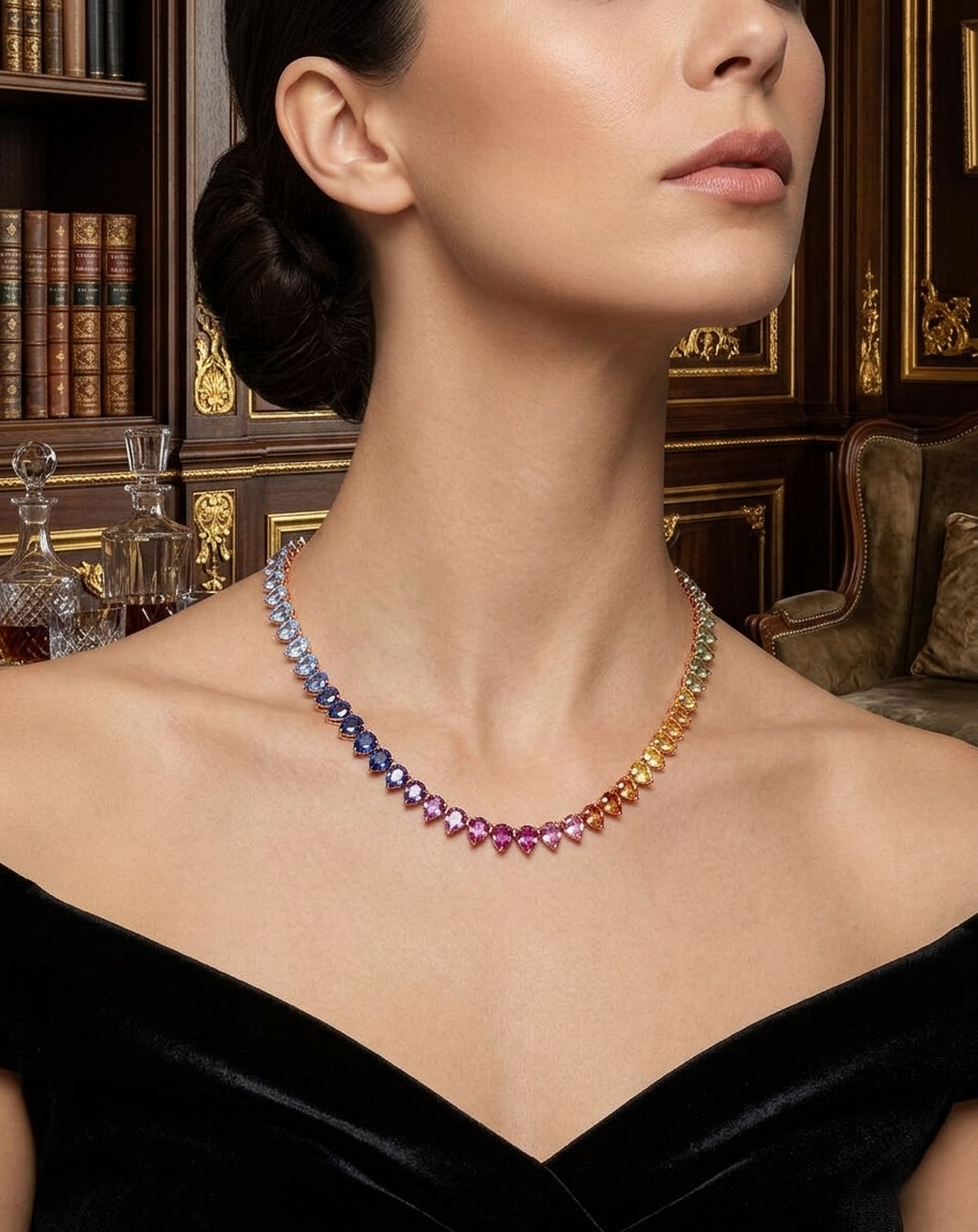 15.41CT - 27.50CT | SPECTRUM RAINBOW SAPPHIRE TENNIS NECKLACE | 18K ROSE GOLD