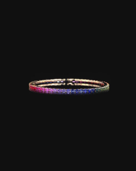 6.97CT - 10.85CT MULTI COLOR SAPPHIRES STRETCH TENNIS BRACELET | EMERALD CUT | 18K ROSE GOLD